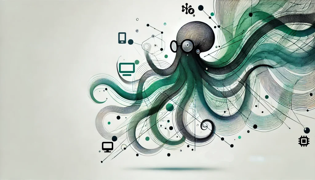 Tiddle the clever octopus with devices around him.