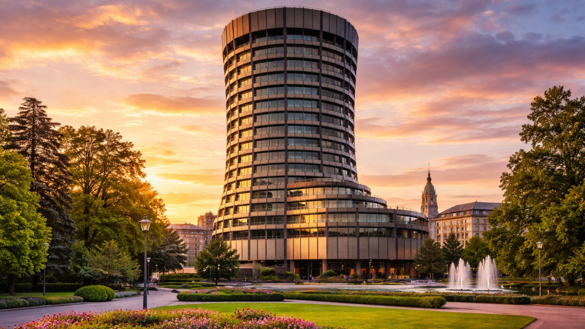 A surreal image of the Bank of International Settlements in Basel, Switzerland