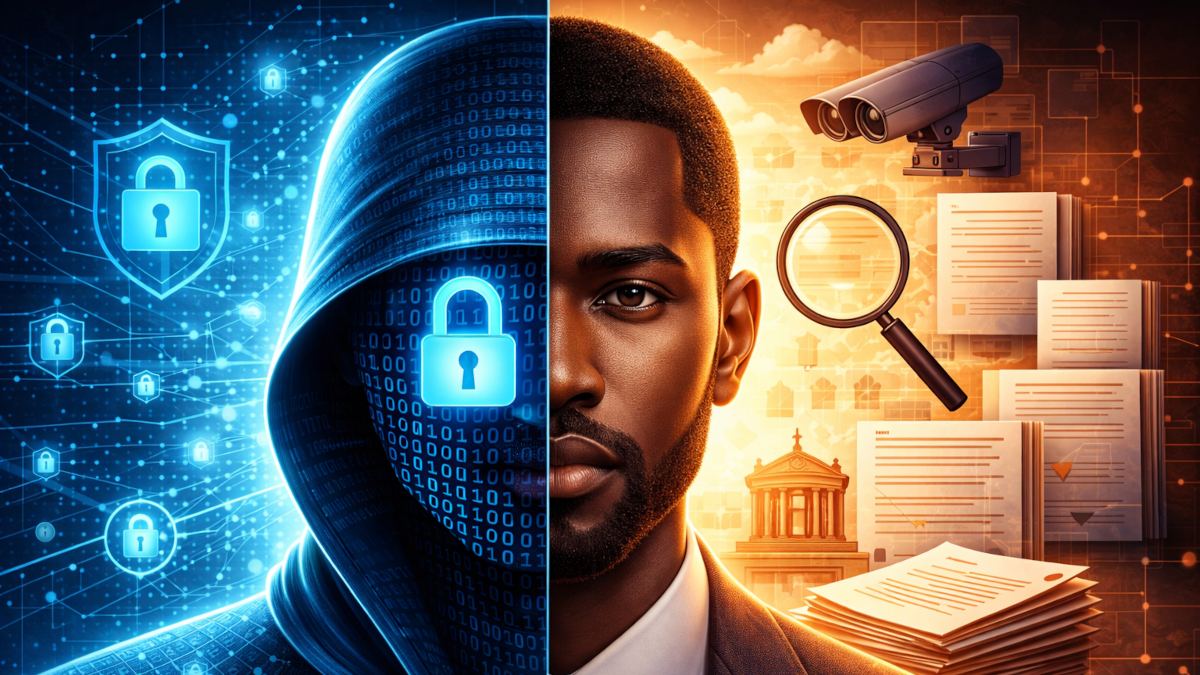 Two-face image. Anonymous in hoody versus clear face under surveillance.